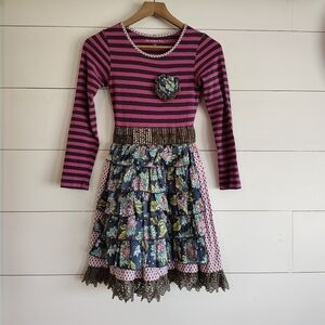 Girl's Mustard Pie Pink Brown Stripe Floral Tiered Tie Back Layered Dress Sz 10